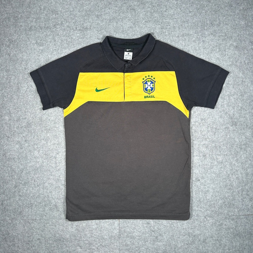 Nike Brazil Polo Shirt Mens Medium Grey Yellow CBF Soccer Football Training Top